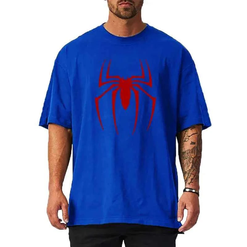 Red Spider Printed Gym Sport Clothing Fitness Oversized Loose Cotton Shirt Mens Hip Hop Short Sleeve Bodybuilding Muscle T-shirt