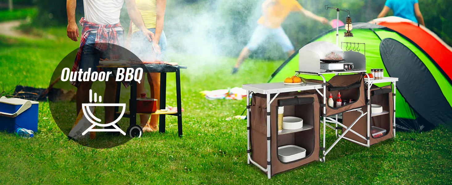 Premium Folding Camp Kitchen Table with Cabinet &amp; Windscreen | Aluminum + MDF
