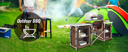 Premium Folding Camp Kitchen Table with Cabinet &amp; Windscreen | Aluminum + MDF