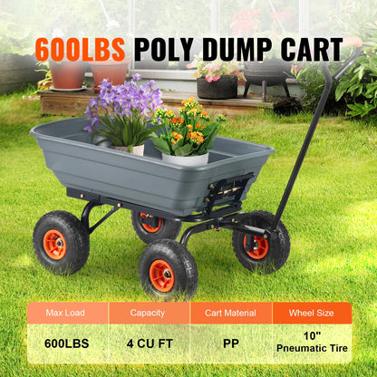 SucceBuy Heavy-Duty Garden Dump Cart – Poly Dump Wagon, 10" Wheels, 2-in-1 Handle, 600 or 1500 lbs Capacity
