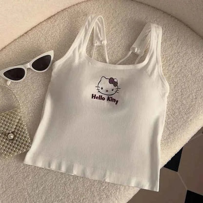 Summer Cute Girly Style HelloKitty Printed Suspender Vest with Chest Pad Slim Pinch Waist Versatile Vintage Top