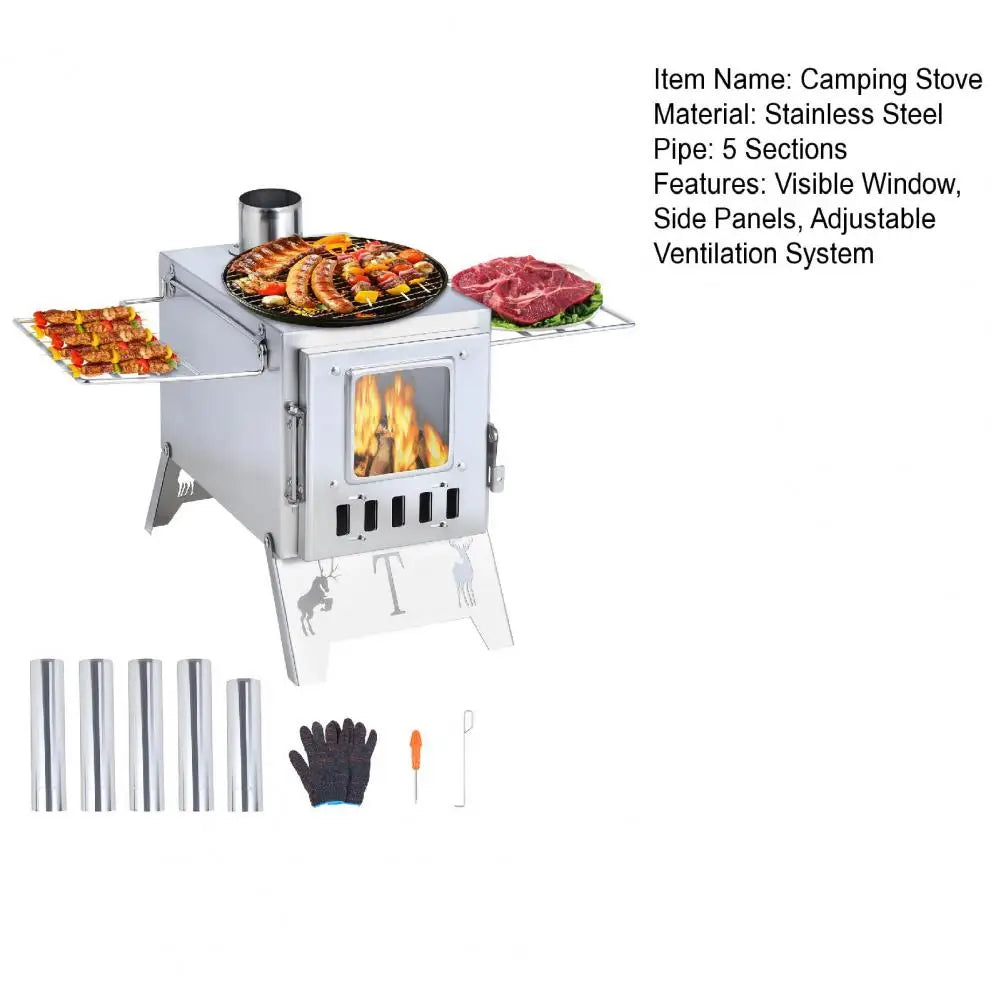 Wood Burning Camping Stove | Stainless Steel | 5-Pipe System &amp; Viewing Window