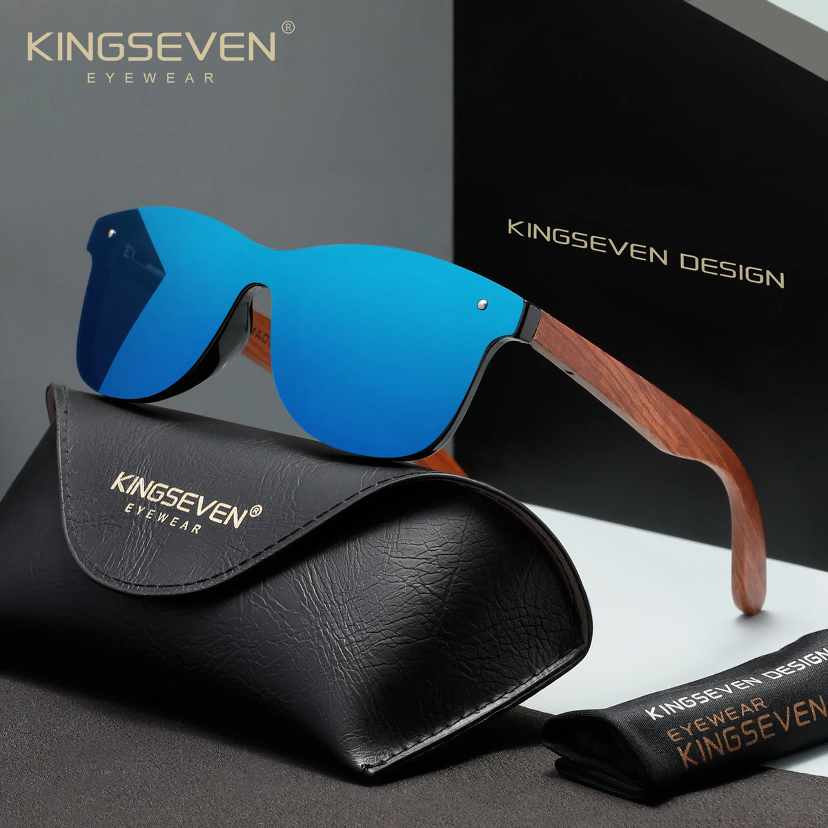 KINGSEVEN Wooden Rimless Polarized Sunglasses – UV400 Large Frame, Retro Style