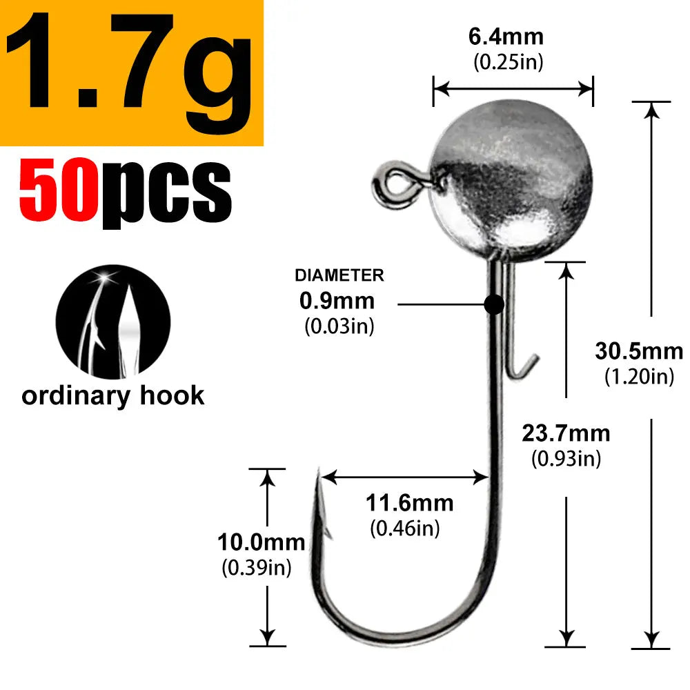 Round Ball Jig Heads – 50 Pack | Weedless Barbed Hook | 1g–20g | Bass, Crappie &amp; Trout