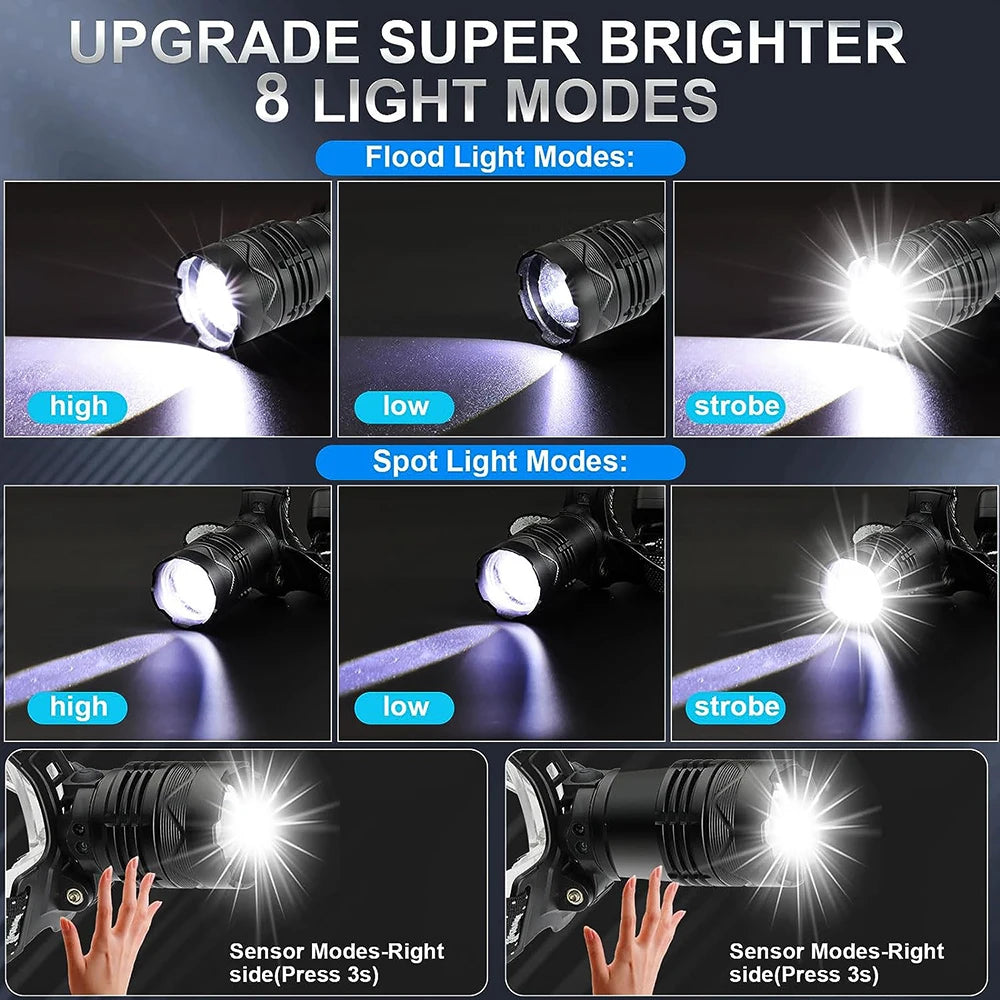 Super Powerful LED Headlamp – IR Sensor, USB-C Rechargeable, Long-Range Head Torch for Camping &amp; Fishing