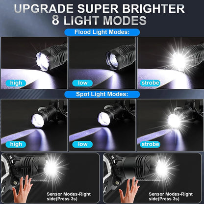 Super Powerful LED Headlamp – IR Sensor, USB-C Rechargeable, Long-Range Head Torch for Camping &amp; Fishing
