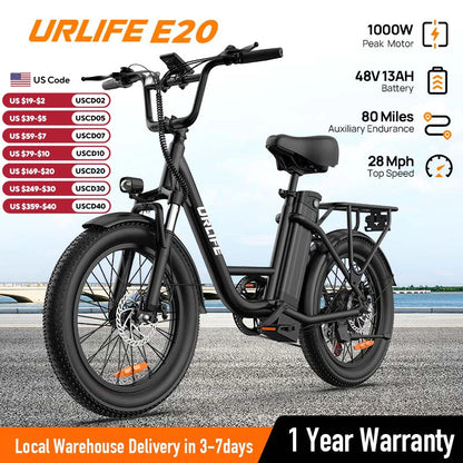 1000W E20 Electric Bike | 48V 13Ah Removable Battery, 20MPH, 20&