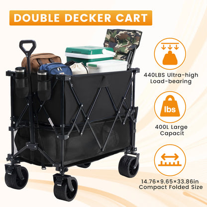 DUMOS Folding Wagon Cart – 440 lbs / 320L Capacity, Adjustable Handle, 600D Oxford, 360° Swivel Wheels