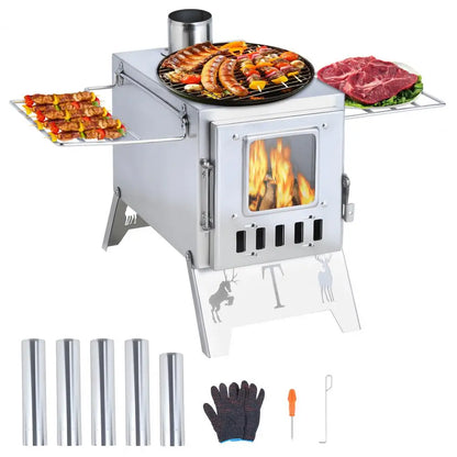 Wood Burning Camping Stove | Stainless Steel | 5-Pipe System &amp; Viewing Window
