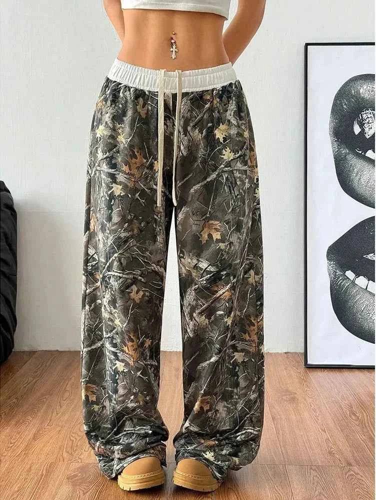 Y2K Oversized Hip Hop Baggy Pants Fashion Women Drawstring Pocket Branch Camouflage Wide Leg Pant Casual Sweatpants Cargo Trouser