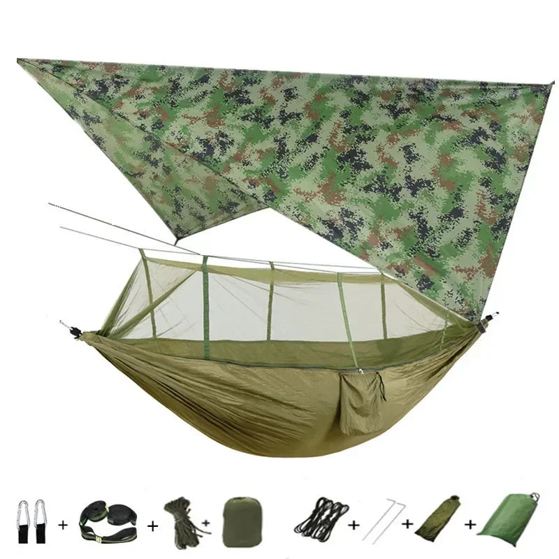 Double Camping Hammock with Mosquito Net, Rain Fly &amp; Tree Straps – 2 Person | 210T Nylon | 600 lb | 3000mm Rainfly