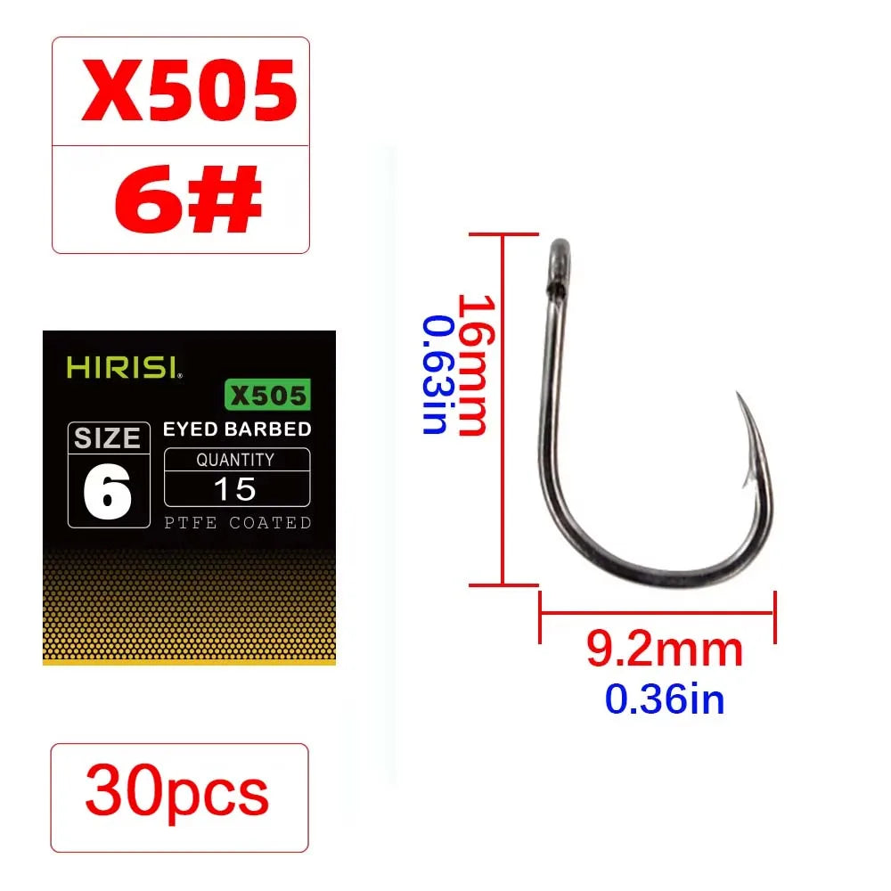 Hirisi X505 PTFE-Coated High Carbon Steel Barbed Carp Hooks – Long Shank, Sizes 