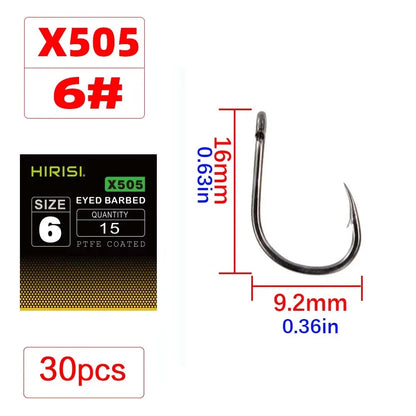 Hirisi X505 PTFE-Coated High Carbon Steel Barbed Carp Hooks – Long Shank, Sizes 