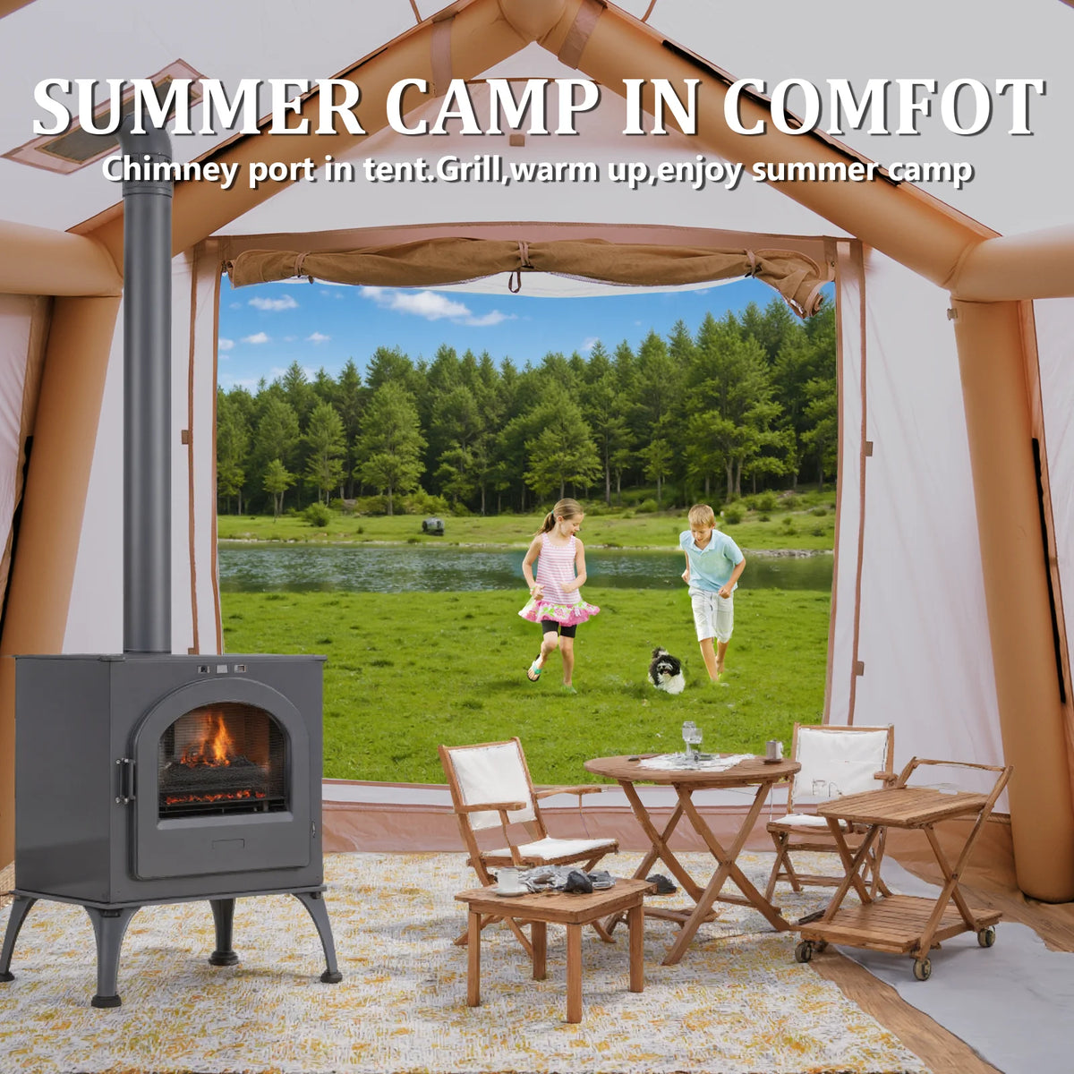 SENLEETO Inflatable Camping Tent – 6-8 Person, 129 sq ft with Canopy, Stove Jack &amp; Pump