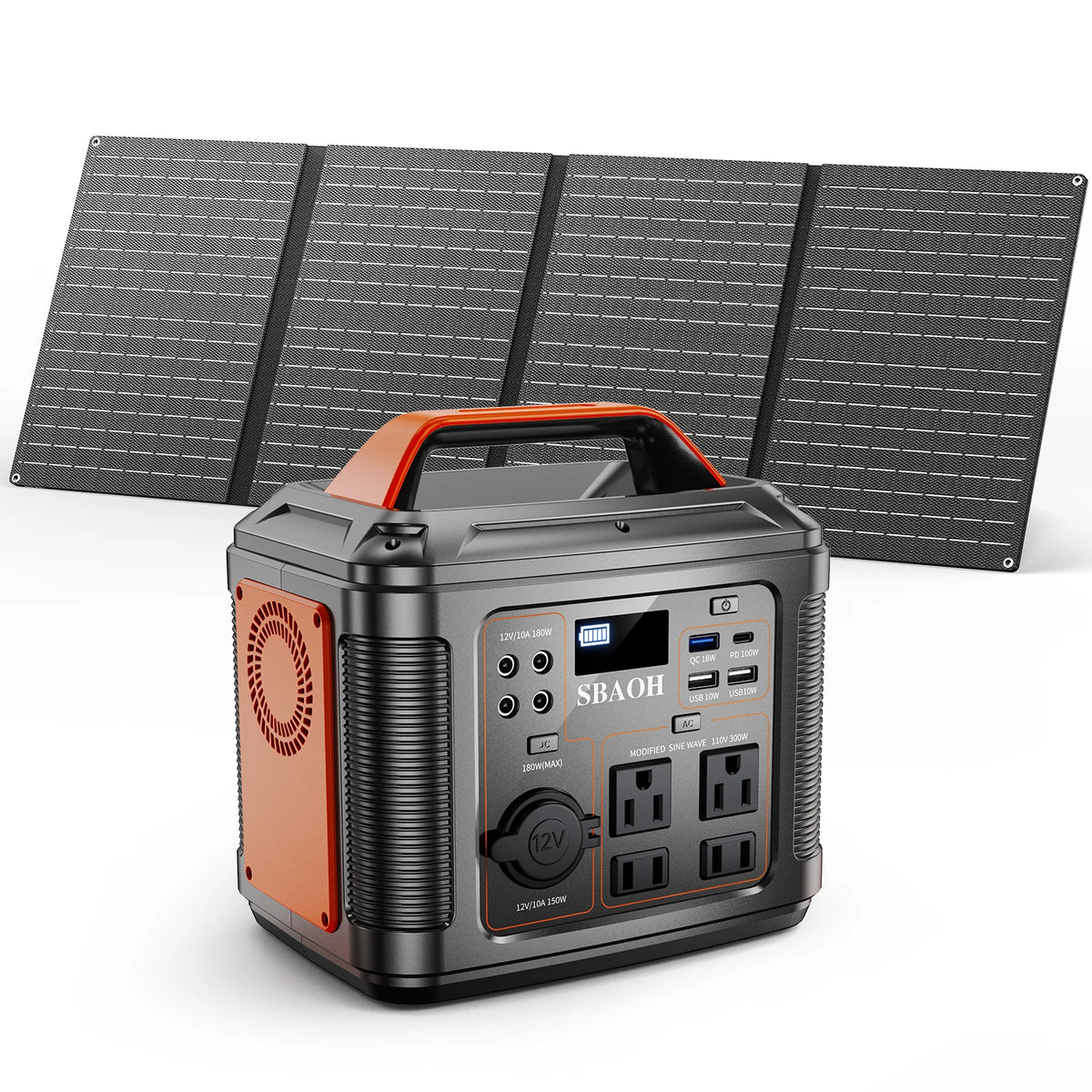 300W Portable Power Station + 60W Solar Panel – 296Wh Solar Generator with 13 Output Ports &amp; LED Light (SBAOH P302)