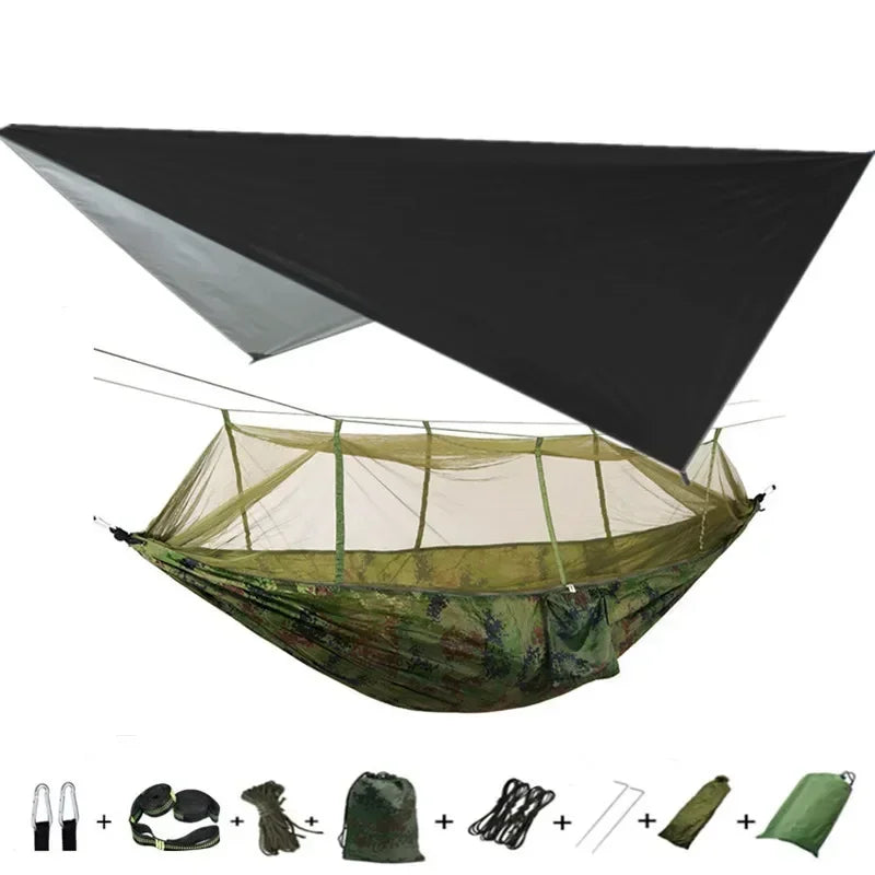 Double Camping Hammock with Mosquito Net, Rain Fly &amp; Tree Straps – 2 Person | 210T Nylon | 600 lb | 3000mm Rainfly