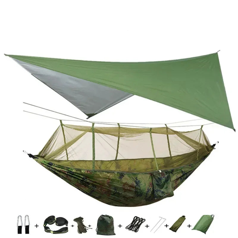 Double Camping Hammock with Mosquito Net, Rain Fly &amp; Tree Straps – 2 Person | 210T Nylon | 600 lb | 3000mm Rainfly