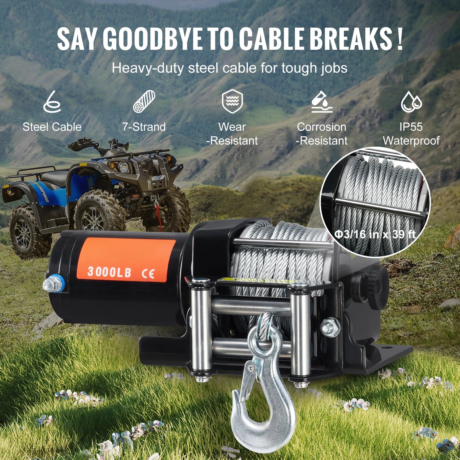 SucceBuy 3000lbs ATV/UTV Electric Winch 12V  Steel Rope Winch with  39 ft Cable Roller Wired Remote Control for Towing Off-Road