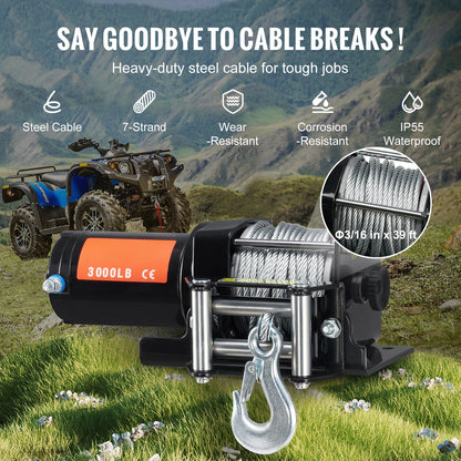 SucceBuy 3000lbs ATV/UTV Electric Winch 12V  Steel Rope Winch with  39 ft Cable Roller Wired Remote Control for Towing Off-Road