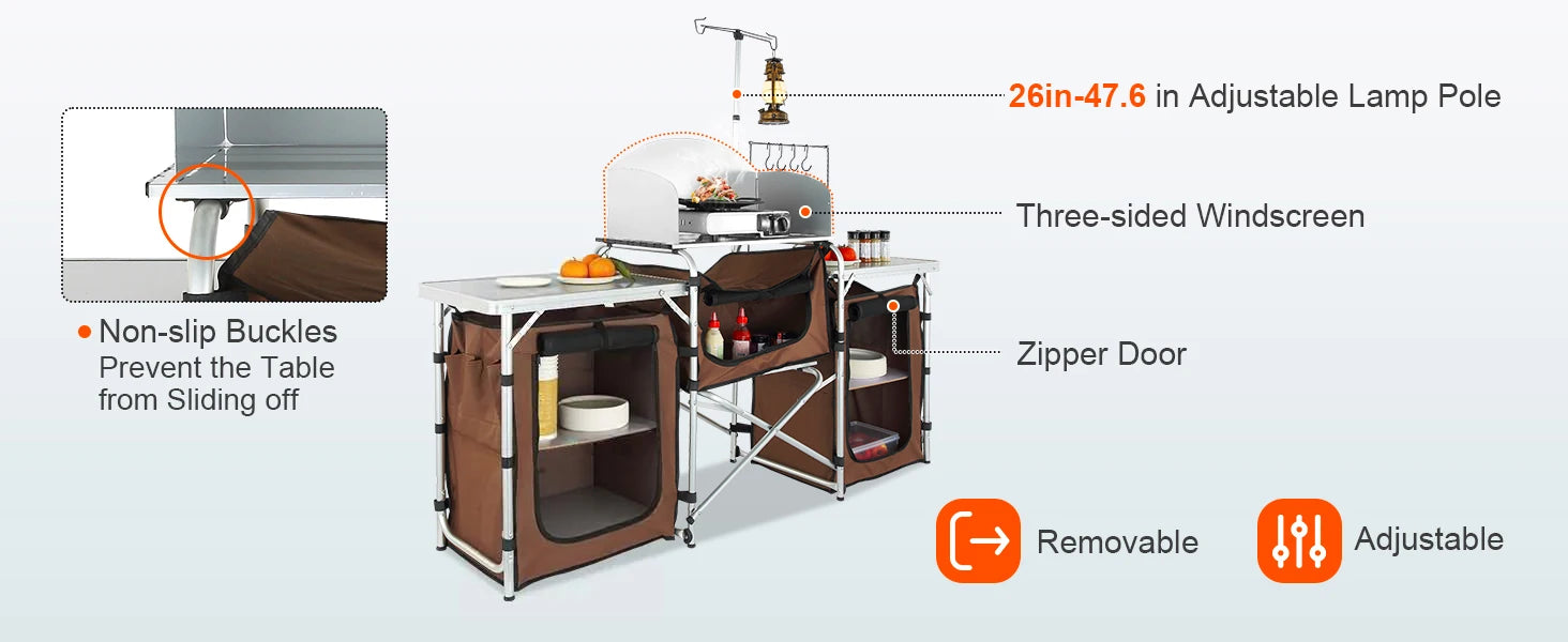 Premium Folding Camp Kitchen Table with Cabinet &amp; Windscreen | Aluminum + MDF