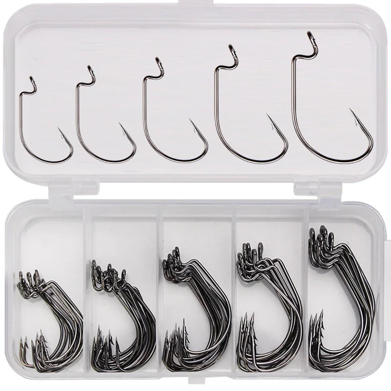 50pc High Carbon Steel Crank Fishing Hooks – Multi-Size Box for Soft Worm &amp; Bass Lures