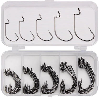 50pc High Carbon Steel Crank Fishing Hooks – Multi-Size Box for Soft Worm &amp; Bass Lures