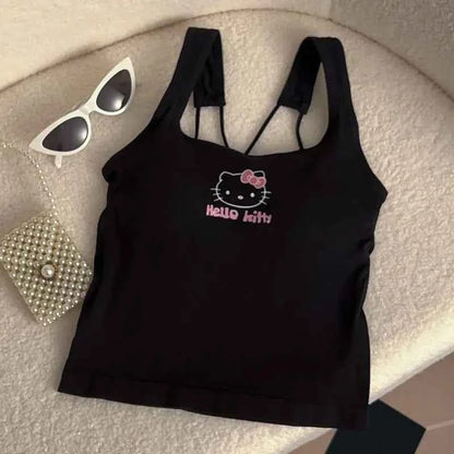 Summer Cute Girly Style HelloKitty Printed Suspender Vest with Chest Pad Slim Pinch Waist Versatile Vintage Top