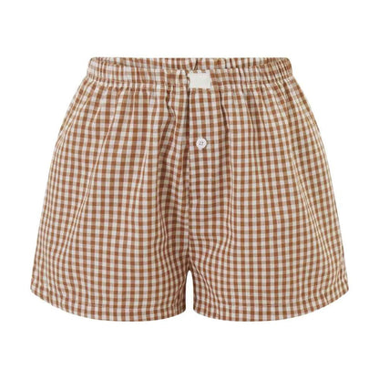 Women’s Y2K Retro Cleanfit Plaid Print Elastic Low Waist Button Front Aesthetic Loungewear Loose Shorts Boxers Streetwear