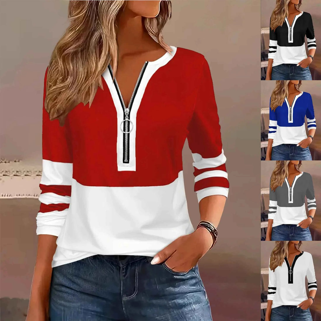 Plus Size Long Sleeve T-Shirt with Geometric Stripes &amp; Color Block Ring Zipper Detail - Fall Fashion
