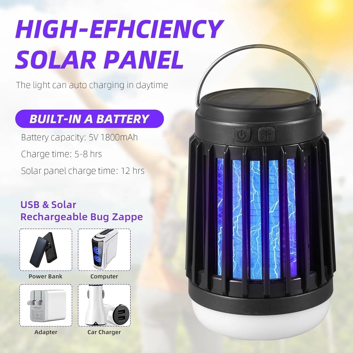 2Pcs 3 in 1 Cordless Mosquito Light Killer Portable Small Solar Bug Zapper For Patio Home Camping Light, Mosquito Killer