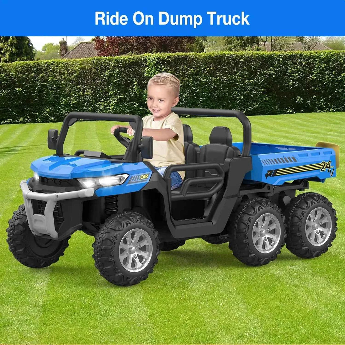 24V 2 Seater 6 Wheel Ride On Dump Truck with Parent Remote Control, 4WD Electric Car for Kids UTV Style Dump Bed &amp; Music Horn