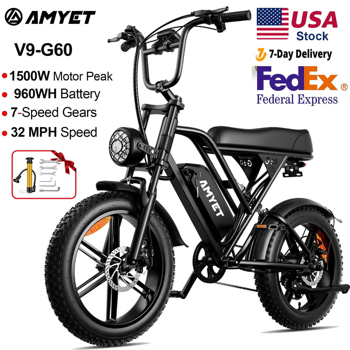 V9-G60 Fat Tire Electric Bike – 1000W Motor, 48V 20Ah Battery, 20" x 4" Tires, Shimano 7-Speed
