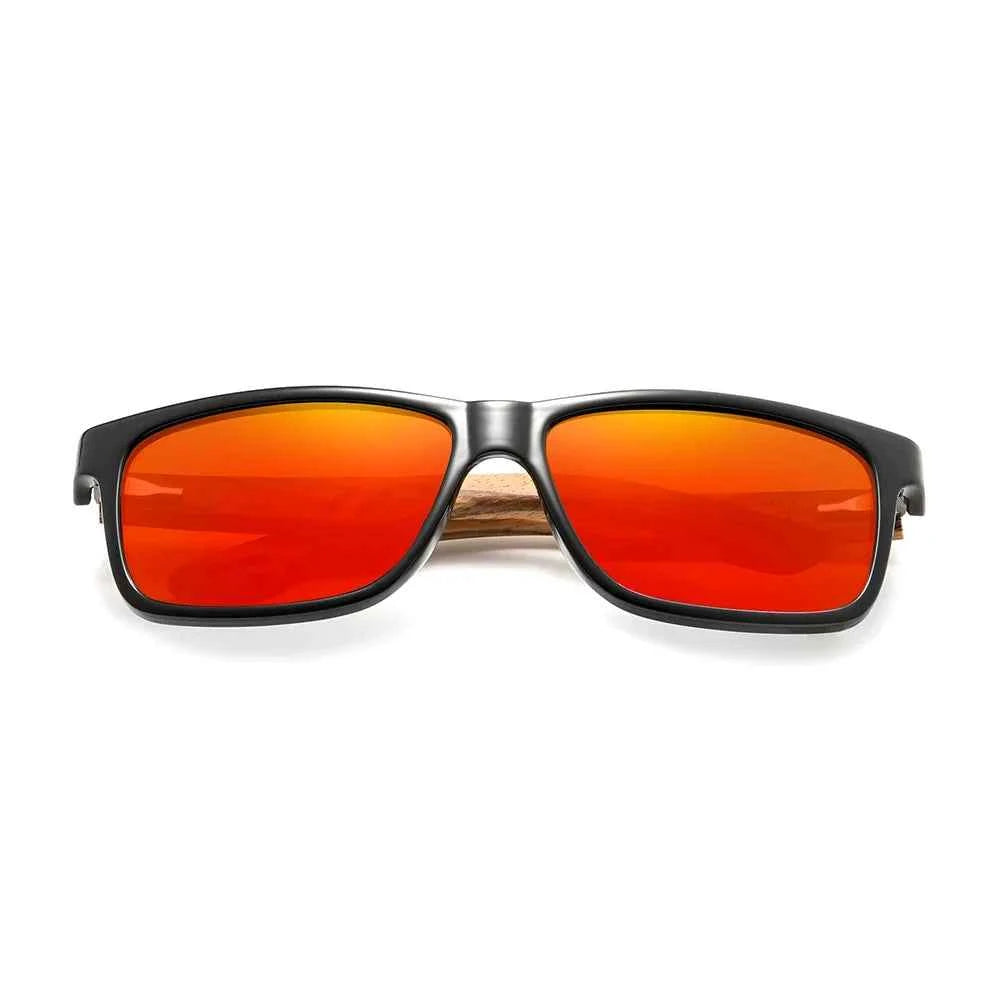 KINGSEVEN Z5508 Zebra Wood Polarized Rectangle Sunglasses – Mirror UV400, Red Lens, Unisex