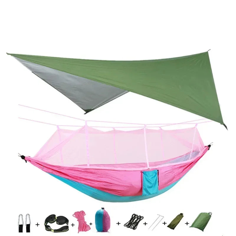 Double Camping Hammock with Mosquito Net, Rain Fly &amp; Tree Straps – 2 Person | 210T Nylon | 600 lb | 3000mm Rainfly