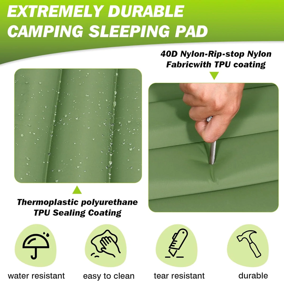 4-Inch Self-Inflating Camping Sleeping Pad – Extra Thick TPU Nylon Mat, Spliceable, for Hiking &amp; Outdoor Use
