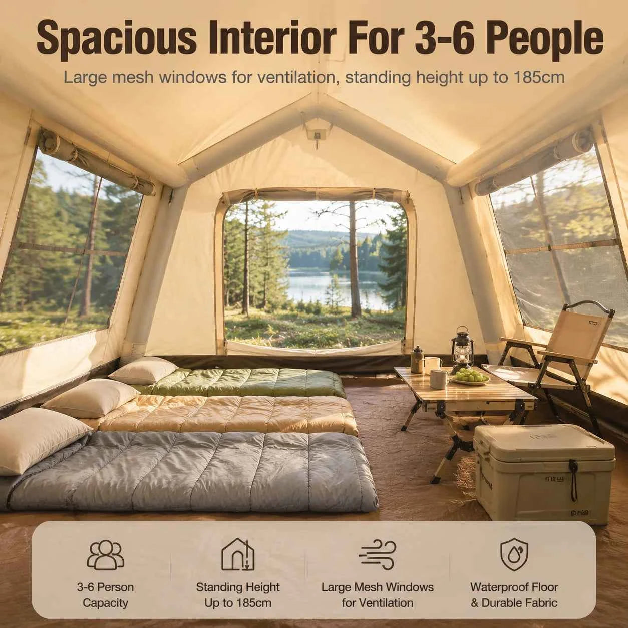 Portable Inflatable Camping Tent with Air Pump – Waterproof Windproof Family Air Tent, 5–8 Person