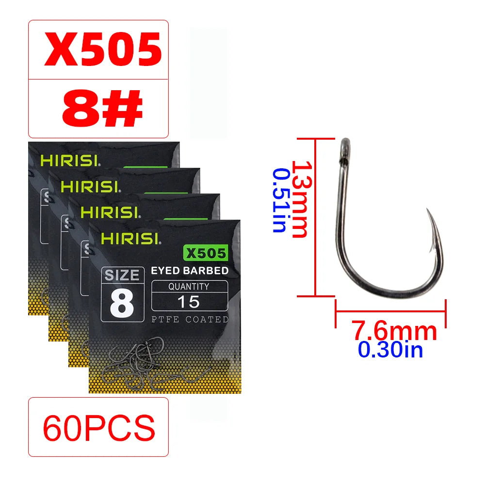 Hirisi X505 PTFE-Coated High Carbon Steel Barbed Carp Hooks – Long Shank, Sizes 