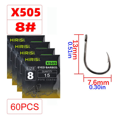 Hirisi X505 PTFE-Coated High Carbon Steel Barbed Carp Hooks – Long Shank, Sizes 