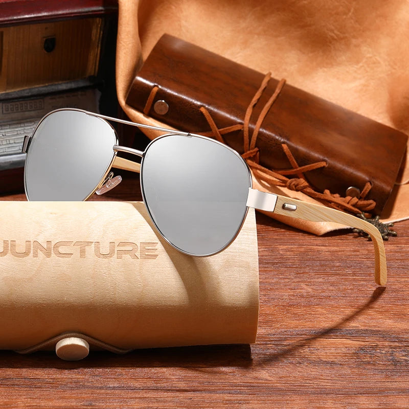JUNCTURE KP1510 Wood &amp; Metal Pilot Sunglasses – Mirror UV400, Unisex