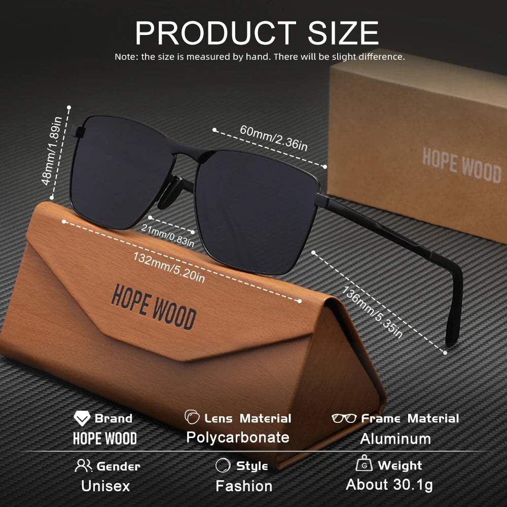 HOPE WOOD 7601 Polarized Rectangle Sunglasses – Alloy Frame, UV400, Unisex