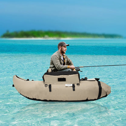 Outdoor Inflatable Fishing Boat Khaki Portable Fishing Raft 286.6LBS Load 90-180° Adjustable Backrest for Ocean/River Fishing