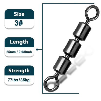 Triple Roller Barrel Swivels – High-Speed 3-Bearing Fishing Swivels (10 Sizes, 15/30/60 Pack)