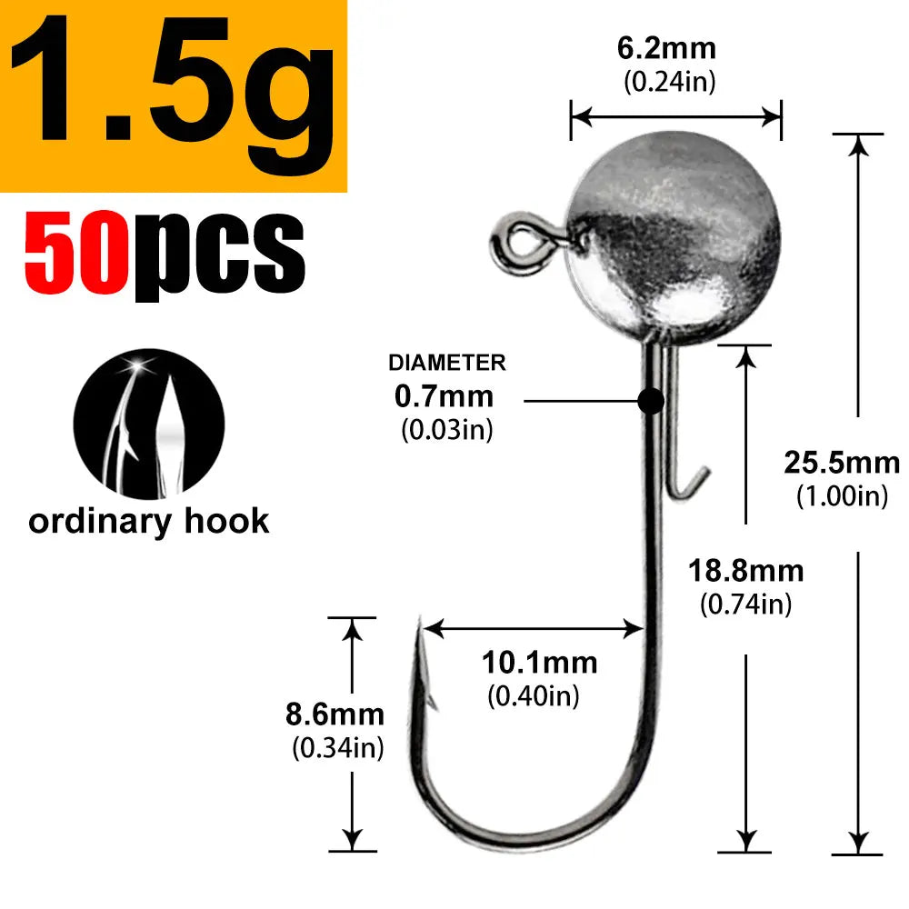 Round Ball Jig Heads – 50 Pack | Weedless Barbed Hook | 1g–20g | Bass, Crappie &amp; Trout