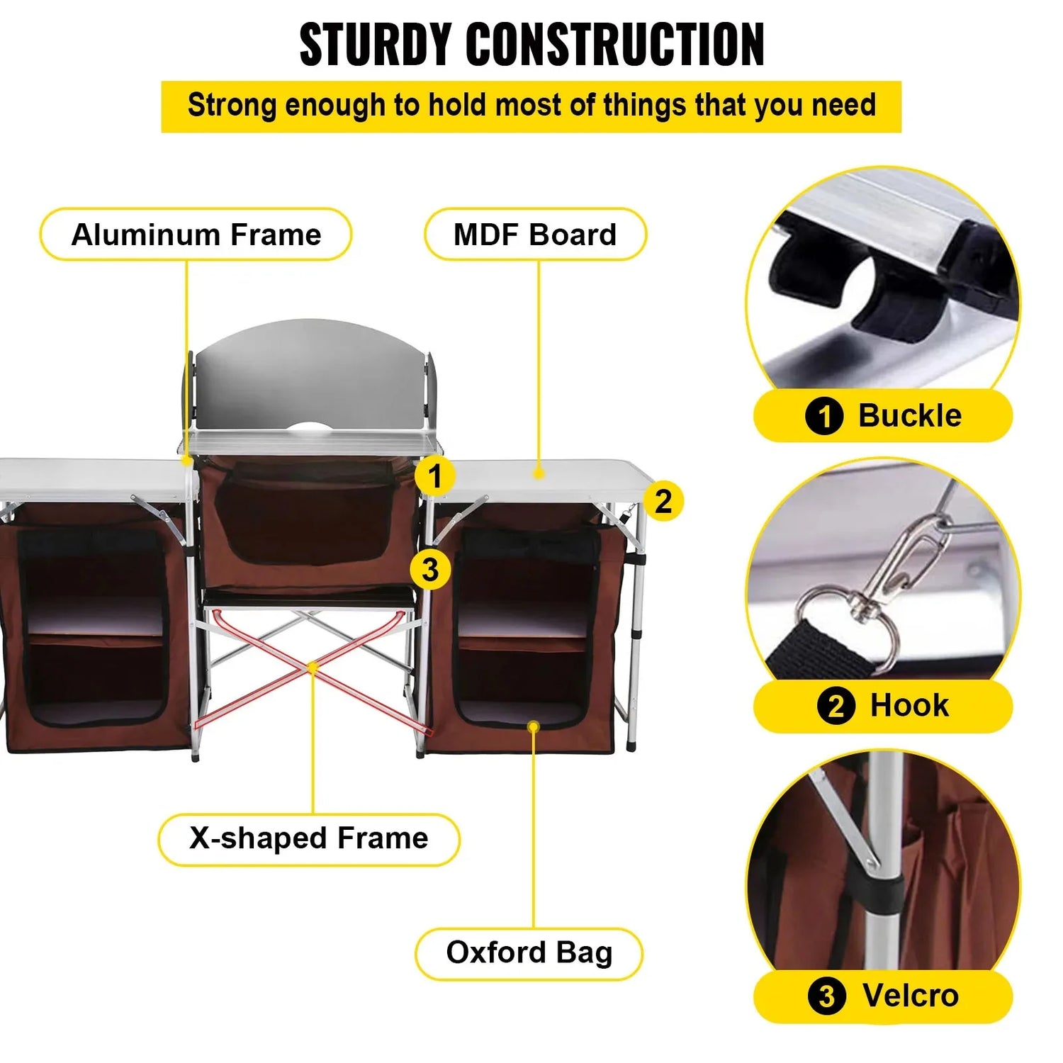 Premium Folding Camp Kitchen Table with Cabinet &amp; Windscreen | Aluminum + MDF