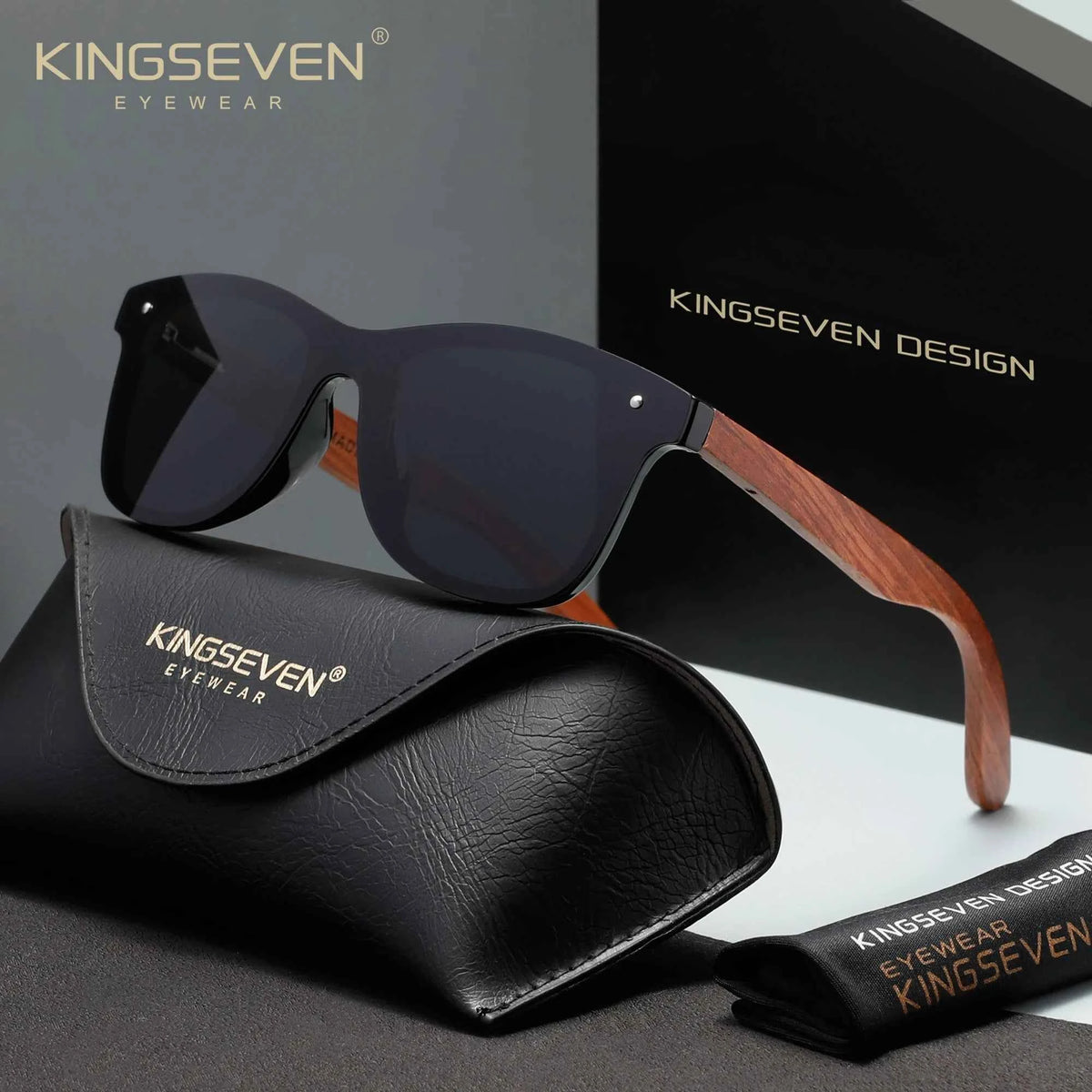 KINGSEVEN Wooden Rimless Polarized Sunglasses – UV400 Large Frame, Retro Style