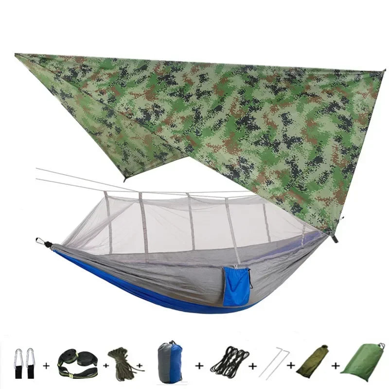 Double Camping Hammock with Mosquito Net, Rain Fly &amp; Tree Straps – 2 Person | 210T Nylon | 600 lb | 3000mm Rainfly