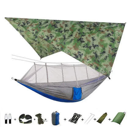 Double Camping Hammock with Mosquito Net, Rain Fly &amp; Tree Straps – 2 Person | 210T Nylon | 600 lb | 3000mm Rainfly