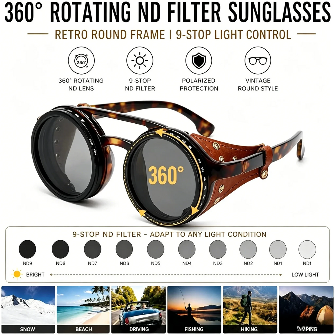 lafforgue ND9 Adjustable Dimming Steampunk Sunglasses – 9-Level ND Filter, Leather Side Shields, UV400, Unisex