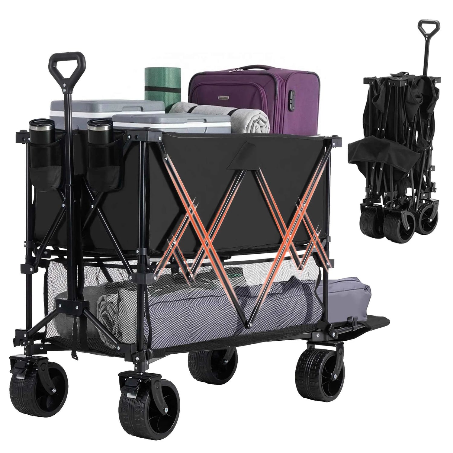 Outdoor Double Decker Wagons Cart 440 lbs Large Capacity Collapsible Foldable Garden Beach Cart for Grocery Garden Camping