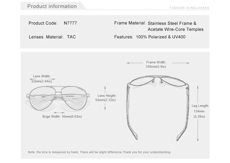 KINGSEVEN 7777 Polarized Pilot Sunglasses – Stainless Steel Frame, UV400, Unisex